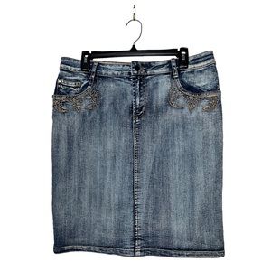 BOUTIQUE BRAND CACHE’ WESTERN DENIM SKIRT W/BLINGY EMBELLISHED POCKETS SIZE 10